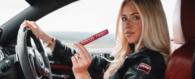 Jodie Sloss in Racing Car with Rimmel London product